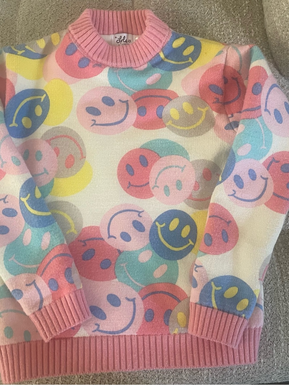 Lola + The Boys Pastel Smiley Crewneck Sweater in Pink, Yellow or, Blue, Mint
